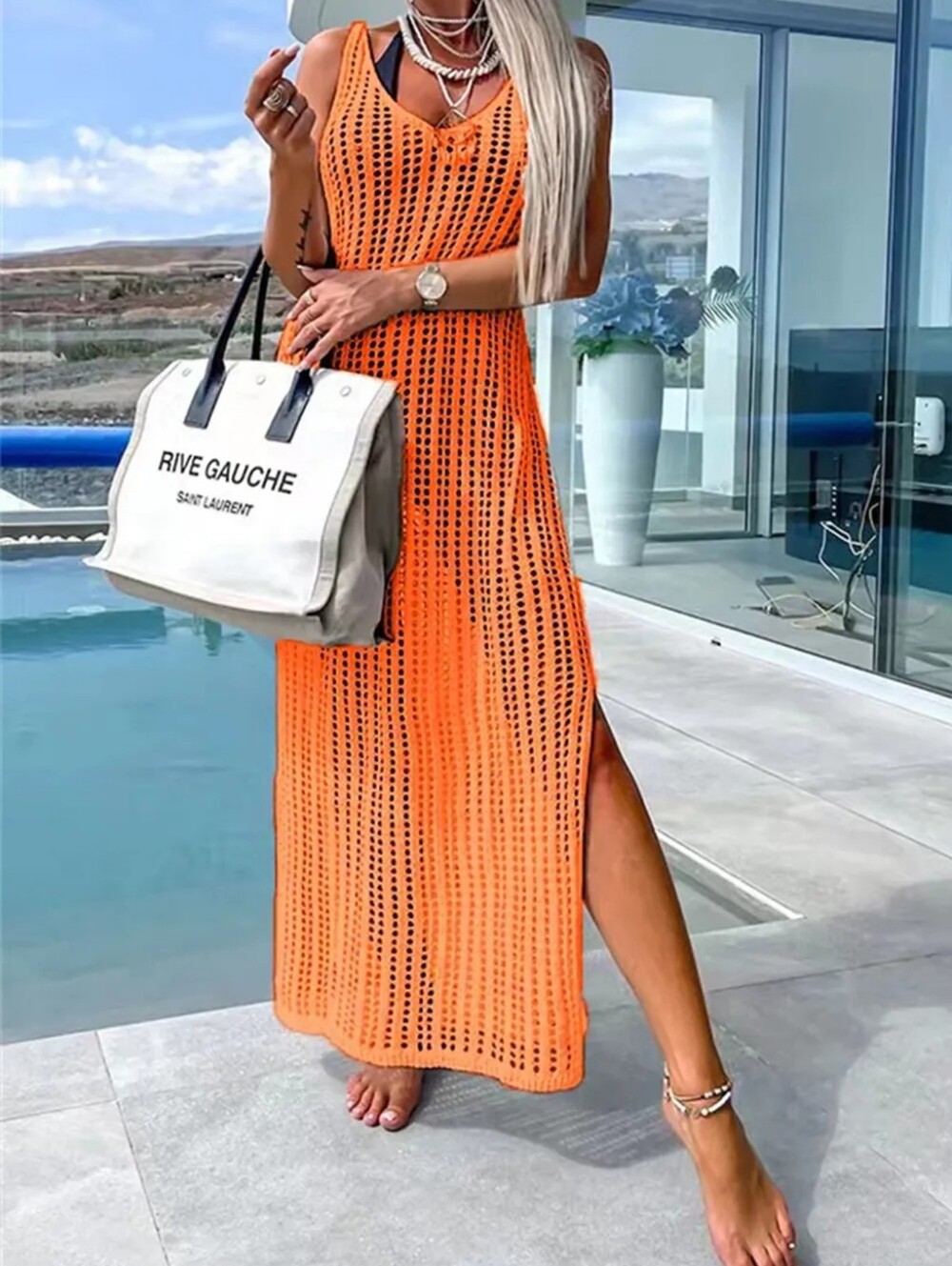 Orange Openwork Slit Cutout Wide Strap Dress
